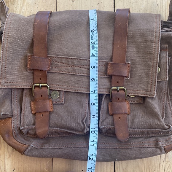 Augar Strauss co canvas leather messenger bag utility pockets zipper brown - Picture 12 of 13
